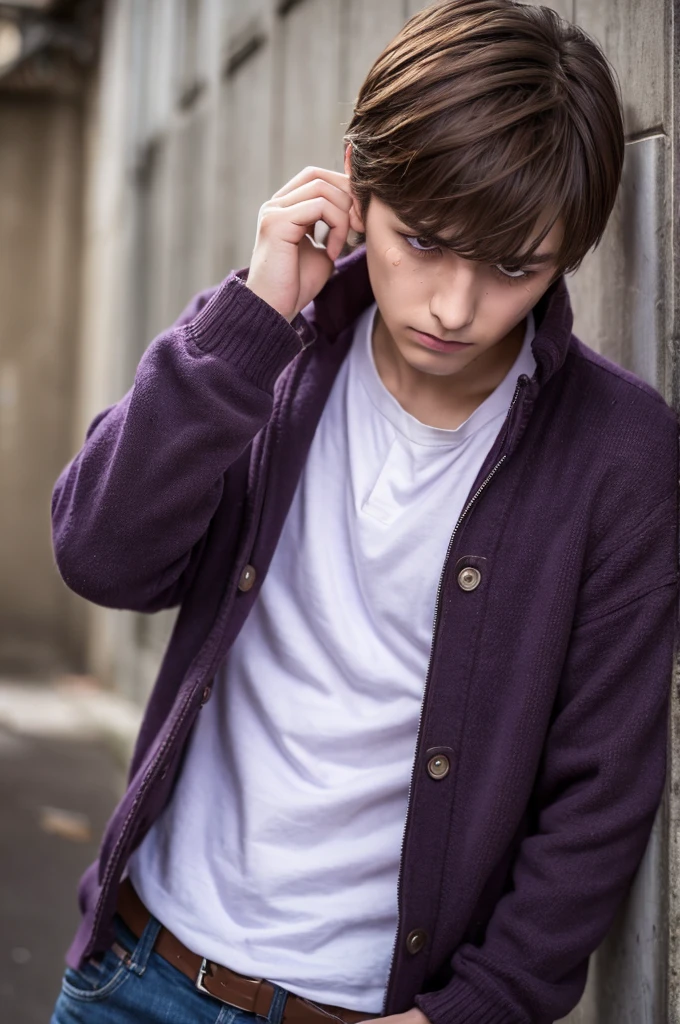 male,Brown Hair, short hair, Purple eyes, Young man 20 years old, Torn clothes, sad, Are crying, male, Dynamic pose, alone