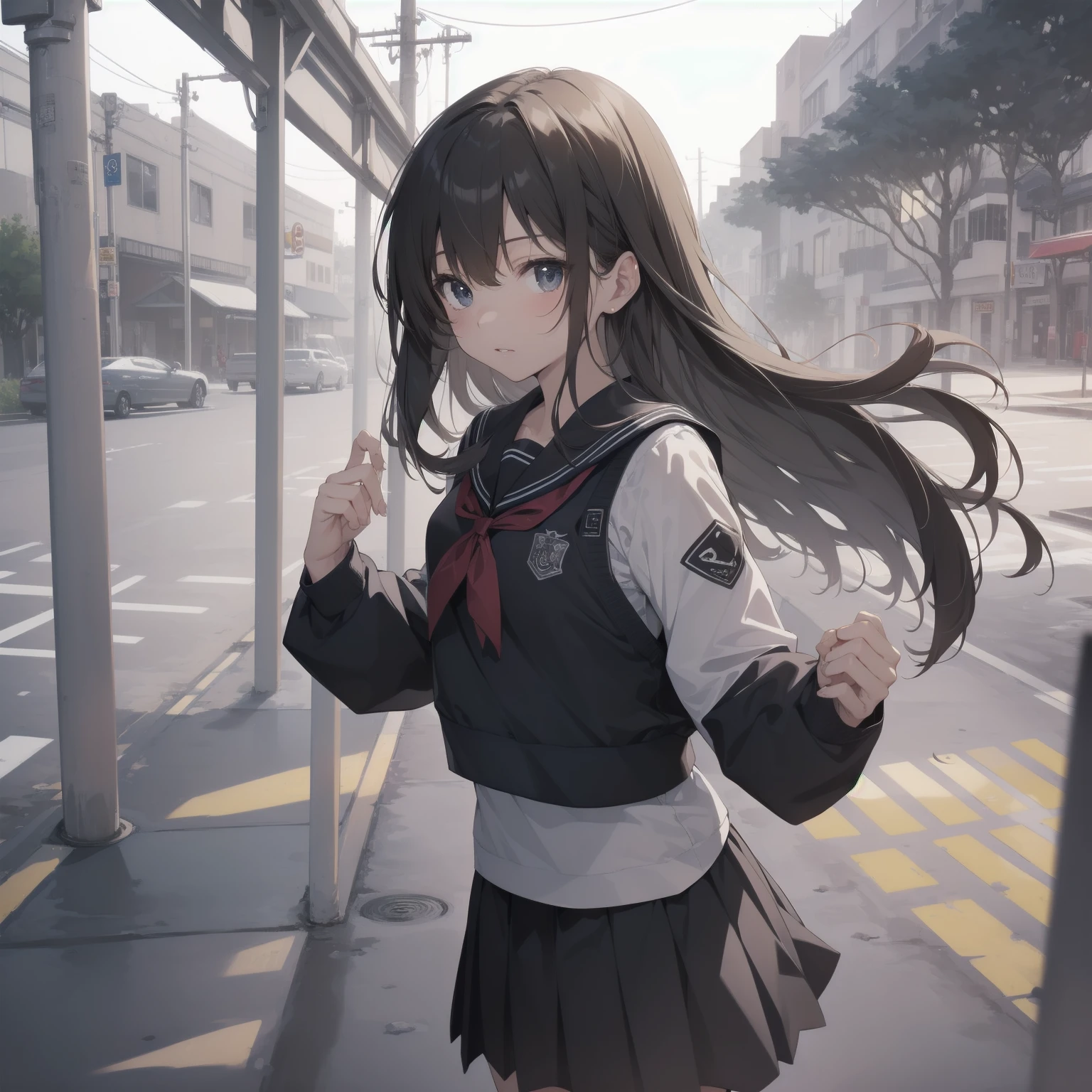 ultra-absurdres-Top quality by artist God, ultra-detailed, high resolution, anime moe artstyle, best anime 8k konachan wallpaper, pixiv contest winner, pool:2810, perfect anatomy,break, 1girl, (Please draw a girl walking sleepily to school alone. )break,(Solo,little female, 13-year-old:1.3),Full limbs, complete fingers,a junior high school student, (very short hair), short cut, flat chest, , small butt, small black eyes, beautiful detailed eyes, well-proportioned iris and pupils, expressive eyes, highres detailed hair, soft expression, salor school_uniform, sailor collar, serahuku, bow, pleated skirt,(Detailed Lighting), (Detailed background), in the School commute route. break,super detailed skin, Best cinematic lighting powered by famous artist, 8k,beauty illustration,photoshop_(medium),very aesthetic,break,((artist:beni_shake )), artist:clamp ,artist:carnelian ,artist:kantoku ,