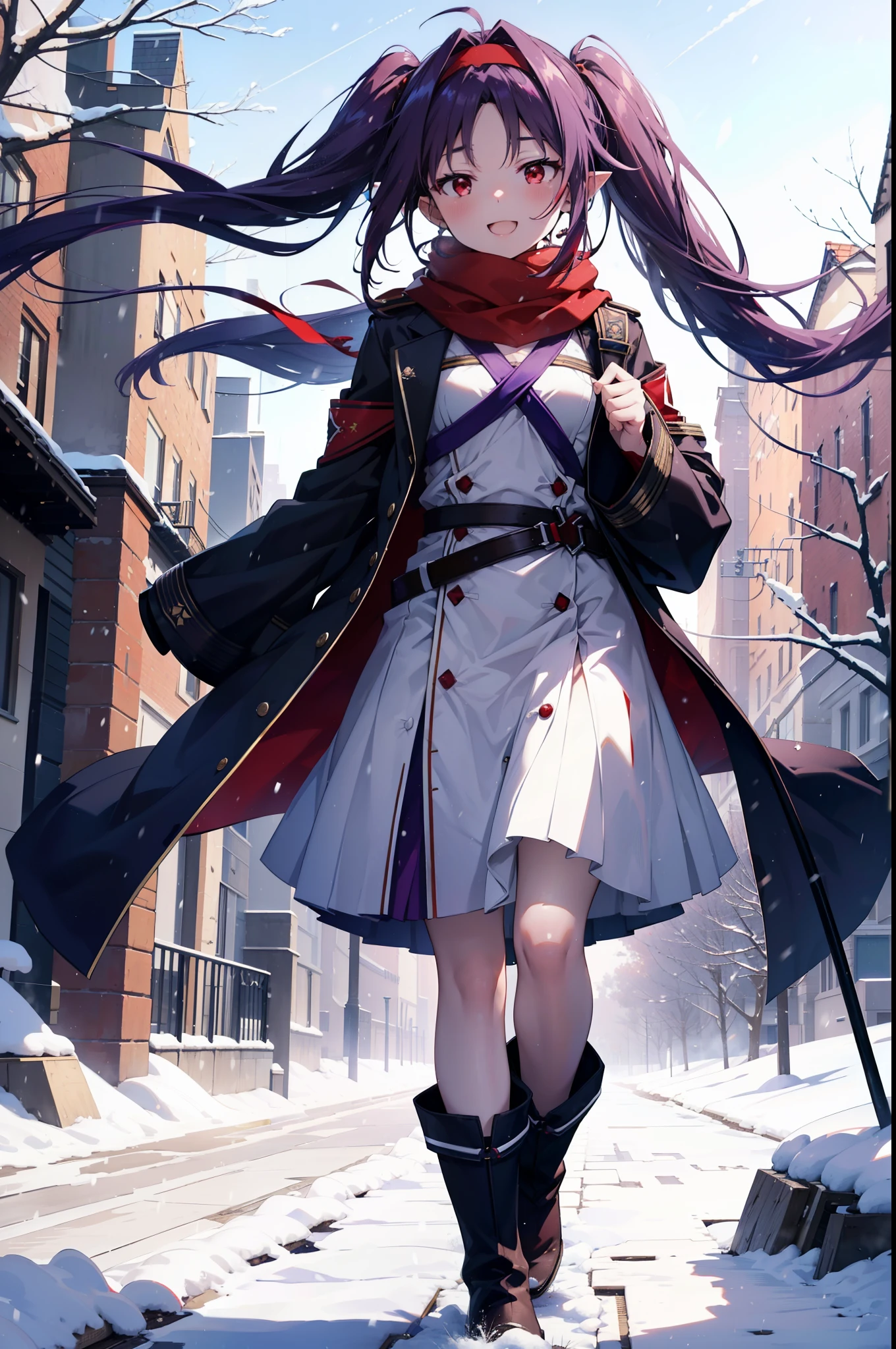 yuukikonno, Konno Yuuki, Long Hair, Pointed Ears, Purple Hair, (Red eyes:1.5), (Small breasts:1.2), Open your mouth,happy smile, smile, Open your mouth,hair band,low Twin tails red scarf,Purple long coat,V-neck sweater,Long skirt,short boots,snowが降っている,snowが降り積もっている,snow,snow,snow,snow,winter,Cold night,Walking,whole bodyがイラストに入るように,Looking down from above,
break looking at viewer, whole body,
break outdoors, In town,
break (masterpiece:1.2), Highest quality, High resolution, unity 8k wallpaper, (figure:0.8), (Beautiful attention to detail:1.6), Highly detailed face, Perfect lighting, Highly detailed CG, (Perfect hands, Perfect Anatomy),