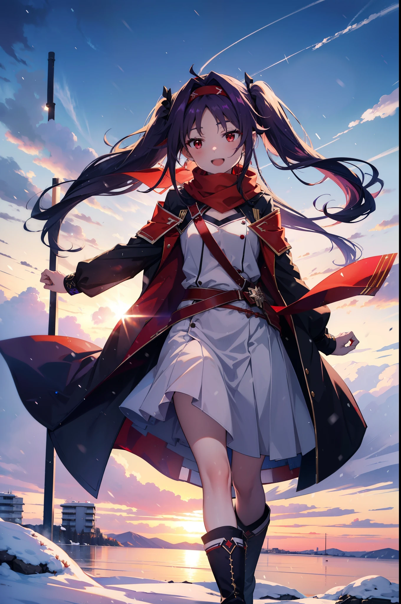 yuukikonno, Konno Yuuki, Long Hair, Pointed Ears, Purple Hair, (Red eyes:1.5), (Small breasts:1.2), Open your mouth,happy smile, smile, Open your mouth,hair band,low　Twin tails red scarf,Purple long coat,V-neck sweater,Long skirt,short boots,snowが降っている,snowが降り積もっている,snow,snow,snow,snow,winter,Cold night,Walking,whole bodyがイラストに入るように,Looking down from above,
break looking at viewer,  whole body,
break outdoors, In town,
break (masterpiece:1.2), Highest quality, High resolution, unity 8k wallpaper, (figure:0.8), (Beautiful attention to detail:1.6), Highly detailed face, Perfect lighting, Highly detailed CG, (Perfect hands, Perfect Anatomy),