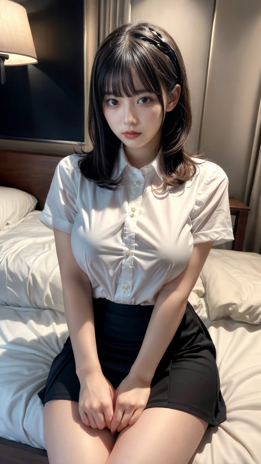masterpiece, best quality, illustration, Super detailed, fine details, High resolution, 8K,wall paper, perfect dynamic composition,(Details High quality, realistic depiction of eyes:1.3), (Fashionable, white shirt short sleeve, black pencil short skirt), short bob hair, large breasts, black hair color, Big Natural Color Lip, (perfect body shape), crying a little、cold gaze, Harajuku style、20 year old girl、cute type、ta、beautiful legs, hotel room, Gravure Idol, Voluptuous thighs, (woman on top, straddling, sitting)