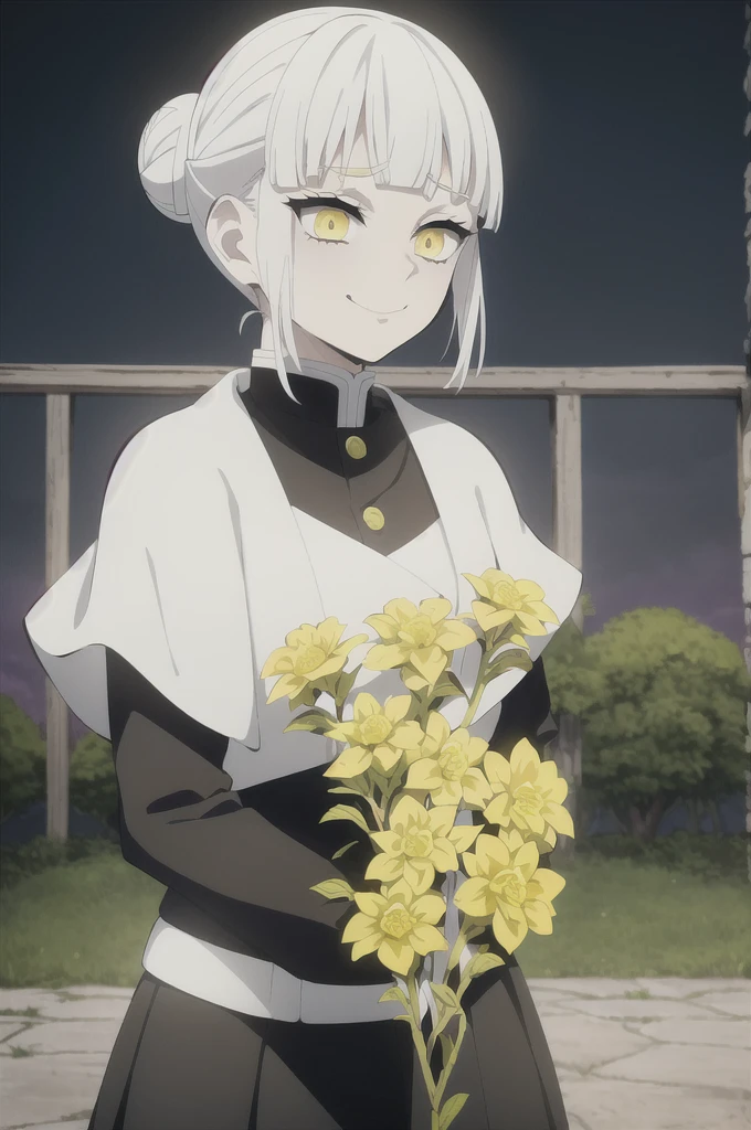 kimetsu no yaiba style, 1girl, white hair in a bun, demon slayer uniform, solo, yellow eyes,holding a katana ,white hair, all black cape, all black haori, outdoors, bangs, tree,, anime coloring, ((masterpiece)) , night background , beautiful girl, cute, solo , smirking face , ((high quality)) , standing solo