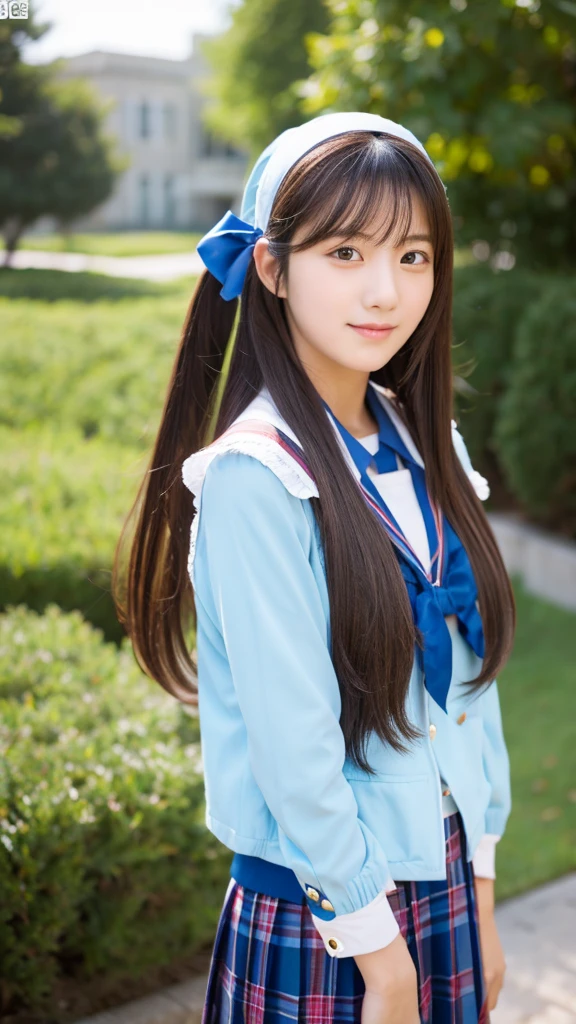 girls standing in cherry blossom park,shiny navy blue long-sleeved sailor school leotard with red bow tie,18-year-old,bangs,a little smile,thighs,knees, straight hair with barrette,from below,front-lighting