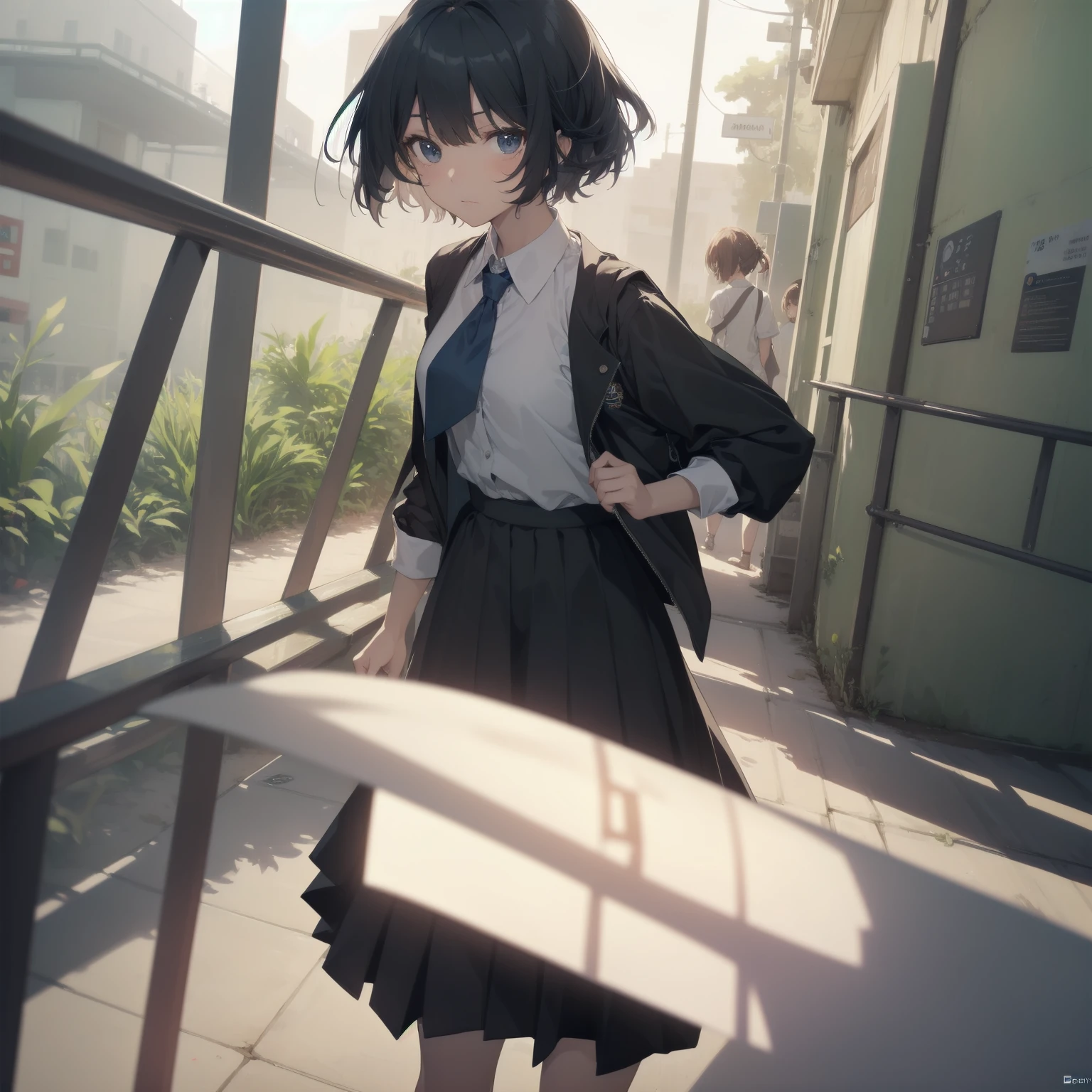 ultra-absurdres-Top quality by artist God, ultra-detailed, high resolution, anime moe artstyle, best anime 8k konachan wallpaper, pixiv contest winner, pool:2810, perfect anatomy,break, 1girl, (Please draw a girl walking sleepily to school alone. )break,(Solo,little female, 13-year-old:1.3),Full limbs, complete fingers,a junior high school student, (very short hair), short cut, flat chest, , small butt, small black eyes, beautiful detailed eyes, well-proportioned iris and pupils, expressive eyes, highres detailed hair, soft expression, salor school_uniform, sailor collar, serahuku, bow, pleated skirt,(Detailed Lighting), (Detailed background), in the School commute route. break,super detailed skin, Best cinematic lighting powered by famous artist, 8k,beauty illustration,photoshop_(medium),very aesthetic,break,((artist:beni_shake )), artist:clamp ,artist:carnelian ,artist:kantoku ,