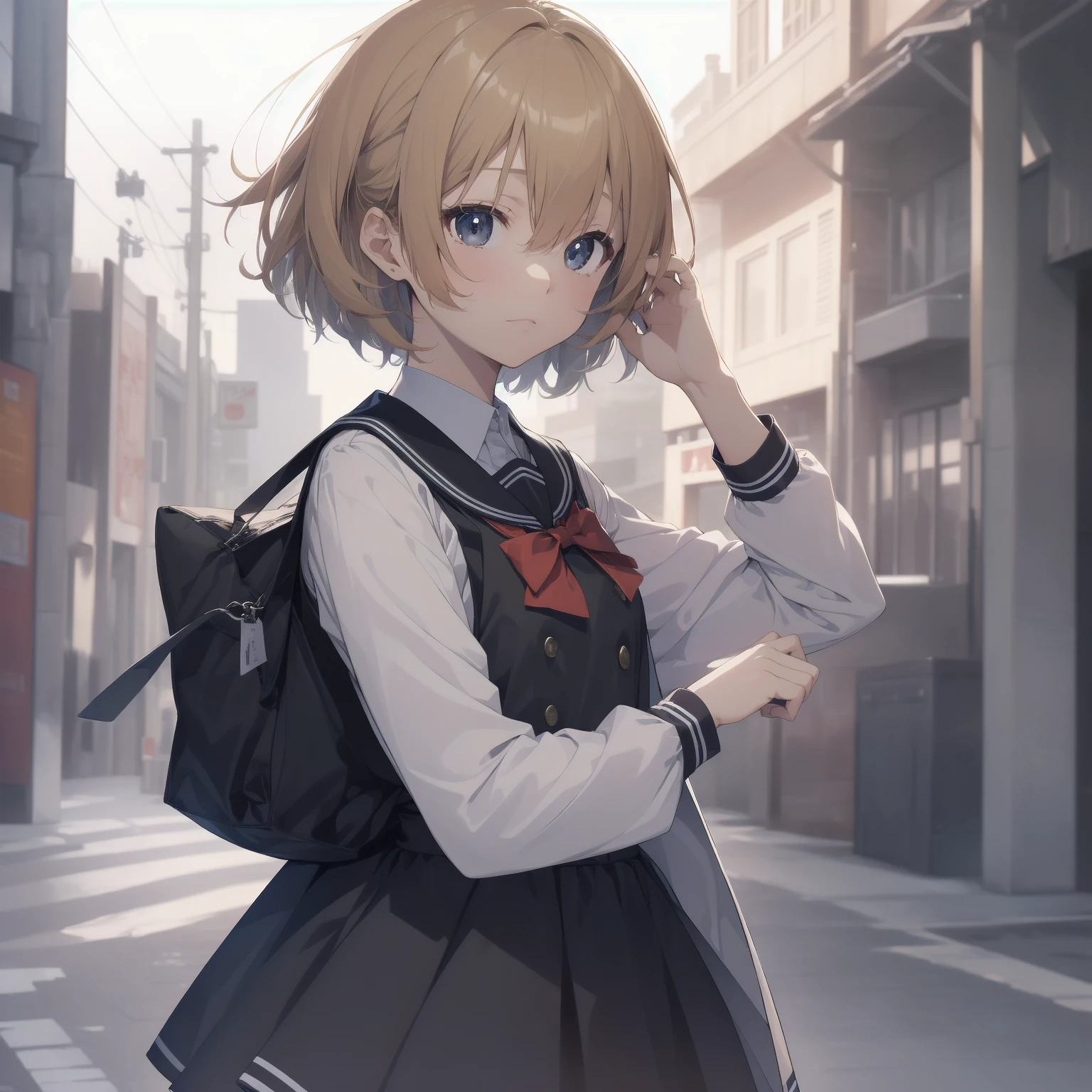 ultra-absurdres-Top quality by artist God, ultra-detailed, high resolution, anime moe artstyle, best anime 8k konachan wallpaper, pixiv contest winner, pool:2810, perfect anatomy,break, 1girl, (Please draw a girl walking sleepily to school alone. )break,(Solo,little female, 13-year-old:1.3),Full limbs, complete fingers,a junior high school student, (very short hair), short cut, flat chest, , small butt, small black eyes, beautiful detailed eyes, well-proportioned iris and pupils, expressive eyes, highres detailed hair, soft expression, salor school_uniform, sailor collar, serahuku, bow, pleated skirt,(Detailed Lighting), (Detailed background), in the School commute route. break,super detailed skin, Best cinematic lighting powered by famous artist, 8k,beauty illustration,photoshop_(medium),very aesthetic,break,((artist:beni_shake )), artist:clamp ,artist:carnelian ,artist:kantoku ,