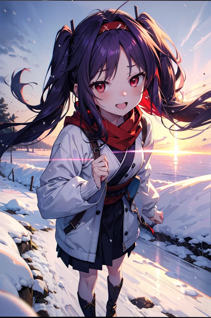 yuukikonno, Konno Yuuki, Long Hair, Pointed Ears, Purple Hair, (Red eyes:1.5), (Small breasts:1.2), Open your mouth,happy smile, smile, Open your mouth,hair band,low　Twin tails red scarf,Purple long coat,V-neck sweater,Long skirt,short boots,snowが降っている,snowが降り積もっている,snow,snow,snow,snow,winter,Cold night,Walking,whole bodyがイラストに入るように,Looking down from above,
break looking at viewer,  whole body,
break outdoors, In town,
break (masterpiece:1.2), Highest quality, High resolution, unity 8k wallpaper, (figure:0.8), (Beautiful attention to detail:1.6), Highly detailed face, Perfect lighting, Highly detailed CG, (Perfect hands, Perfect Anatomy),