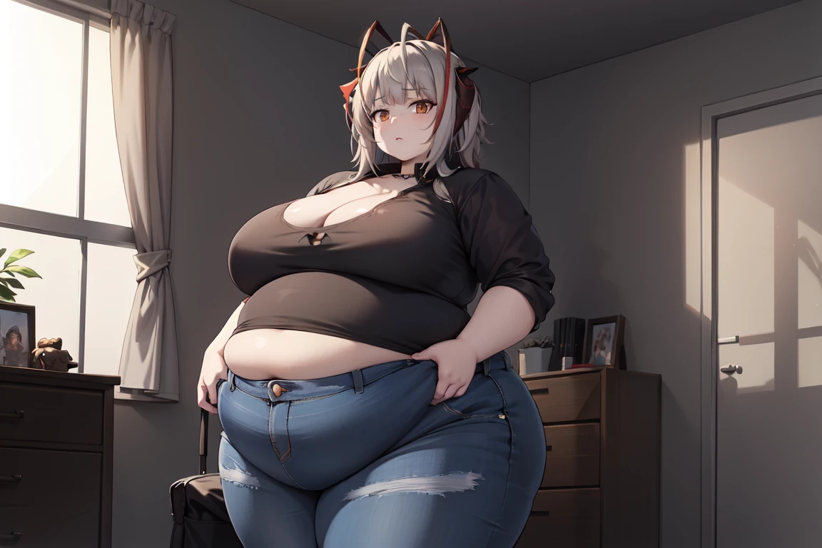 w_arknights, wide hips, torn clothes, massive hips, black buttoned shirt, jeans, apartment, glass walls, big cleavage