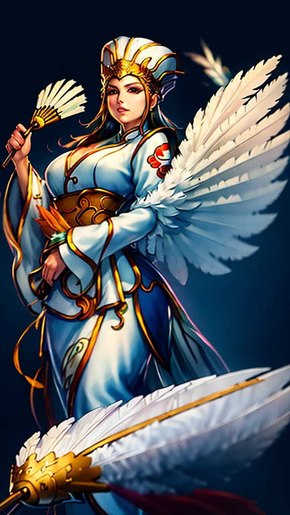1girl,(8k, best quality, masterpiece:1.4),final fantasy,(fantasy), (lighting),solo, white chinese hat,chinese clothes,(holding Feather Fan),plume,white cloth ,cloud,eagle,wings