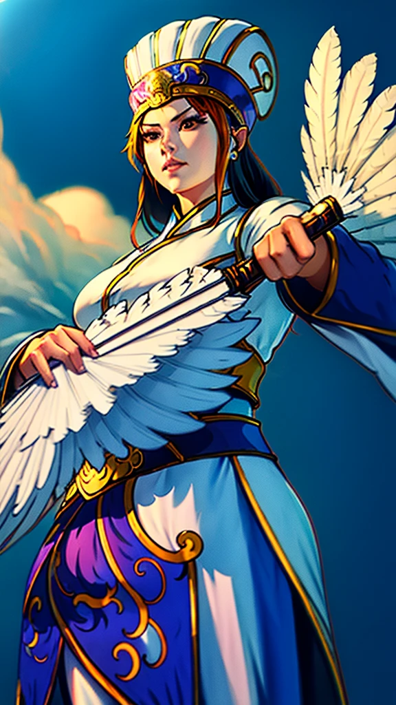 1girl,(8k, best quality, masterpiece:1.4),final fantasy,(fantasy), (lighting),solo, white chinese hat,chinese clothes,(holding Feather Fan),plume,white cloth ,cloud,eagle,wings