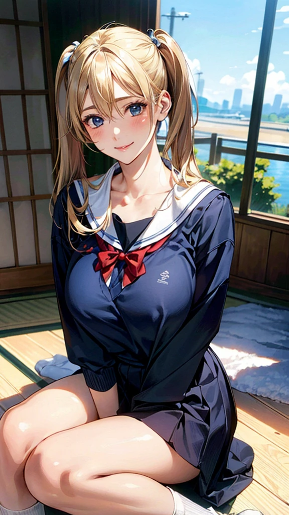 (masterpiece:1.3, Highest quality, Ultra-high resolution, Very detailed), (Realistic, photoRealistic:1.4), Beautiful illustrations, Perfect lighting, Natural light, colorful, Written boundary depth, NFSW,
View your viewers, 1 Girl, Japanese, high school girl, Perfect Face, Cute and symmetrical face, Shiny skin, Sunburned skin,
(Twin tails:1.5, Blonde), Hair between the eyes, blue eyes, (Large Breasts, seductive Thighs, Big Ass), Thighs, sum,
Beautiful Hair, Beautiful Face, Beautiful attention to detail, Beautiful clavicle, Beautiful body, Beautiful breasts, 美しいThighs, Beautiful feet, Beautiful fingers,
(Beautiful views), (Pose to open legs), (Captivating smile,), (School uniform),(loose socks)