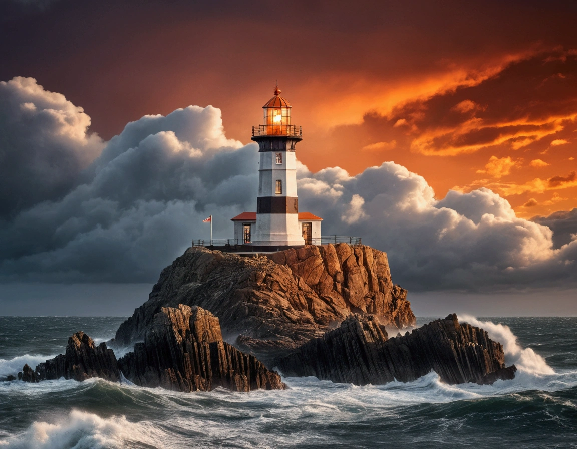 an isolated iron lighthouse shining light out to sea at night as it sits on a rocky stone island being battered by huge ocean waves, smoky orange clouds filling the sky, "symmetrical imag