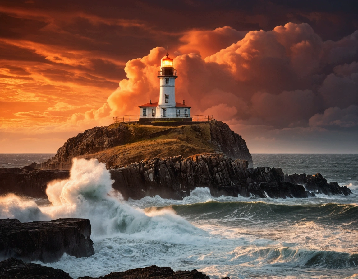 an isolated iron lighthouse shining light out to sea at night as it sits on a rocky stone island being battered by huge ocean waves, smoky orange clouds filling the sky, "symmetrical imag