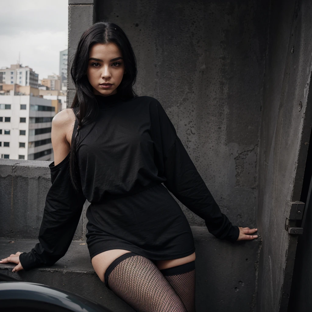 araffe wearing a black shirt and fishnet stockings posing for a picture, black oversized clothes, wearing in black clothes, outlive streetwear collection, wearing black clothes, with a cool pose, wearing black modern clothes, casual pose, smooth in _ the background on a balcnony of a house, she is wearing streetwear, wearing black tshirt, she is wearing a black dress, black outfit.