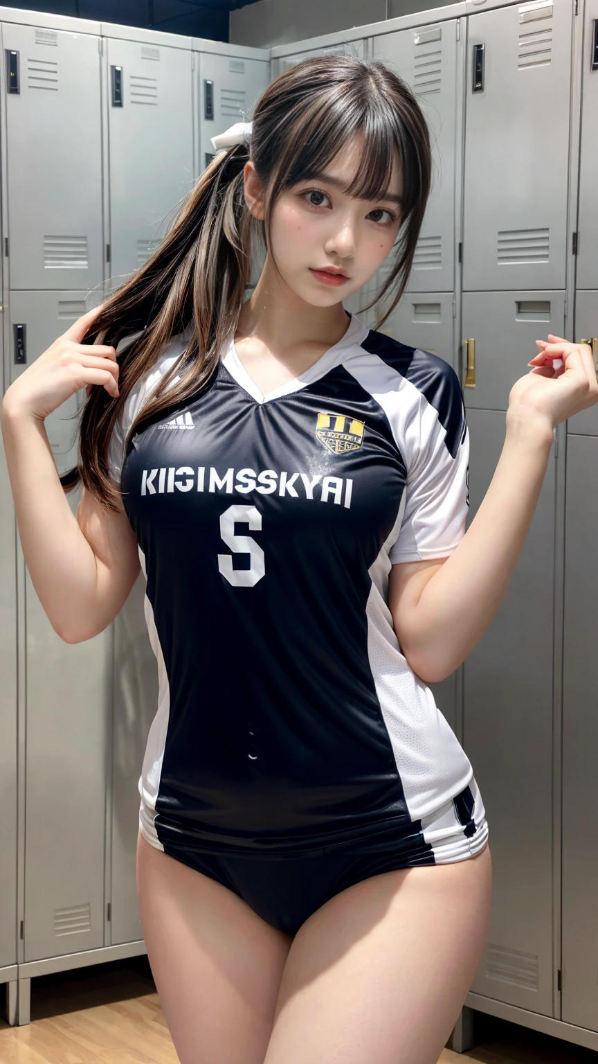 masterpiece, best quality, illustration, Super detailed, fine details, High resolution, 8K,wall paper, perfect dynamic composition,(Details High quality, realistic depiction of eyes:1.3), (volleyball player, Volleyball Uniforms), Tight clothes, locker room, ponytail, black hair color, Big Natural Color Lip, bold sexy pose, (perfect body shape), Do gal makeup, sexy face, Harajuku style、20 year old girl、cute type、ta、beautiful legs, hposing Gravure Idol, Voluptuous thighs, standing