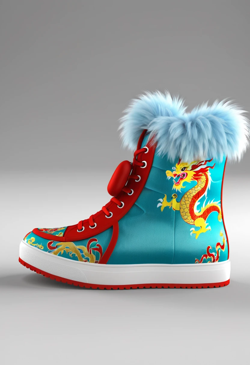 Fluffy shoes with Chinese dragon design, cute, trendy, no one around, showcased at the booth, highly detailed rendering, C4D, OC renderer