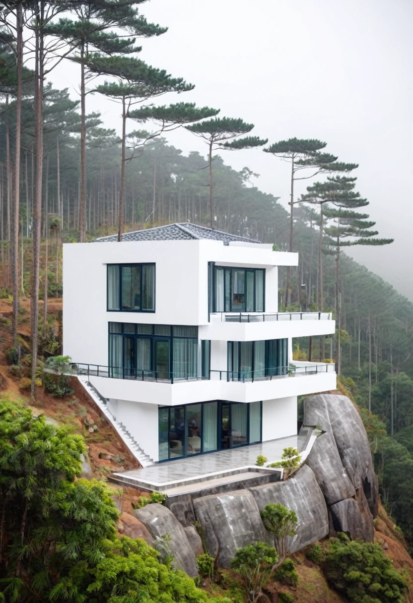 A beautifully designed modern two-story house with a tiled roof, perched on a hill with a view of a pine forest in Da Lat, Vietnam. The house’s second floor features white walls, and the first floor is stone-clad. The image captures a cozy and foggy afternoon ambiance, taken with a 35mm focal length. - in the 6th.0 – with 16:9 –style raw