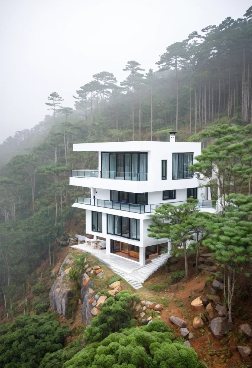A beautifully designed modern two-story house with a tiled roof, perched on a hill with a view of a pine forest in Da Lat, Vietnam. The house’s second floor features white walls, and the first floor is stone-clad. The image captures a cozy and foggy afternoon ambiance, taken with a 35mm focal length. - in the 6th.0 – with 16:9 –style raw