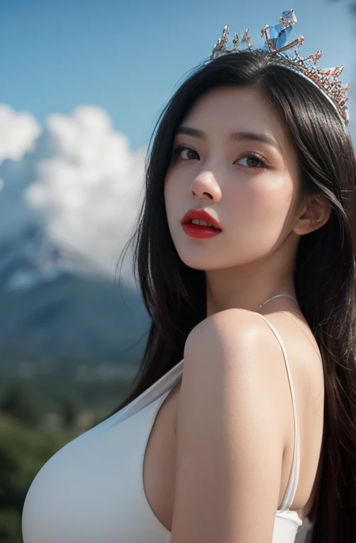 (Hyper realistic super detailed, masterpiece:9.8, top quality:9.8, best quality:9.8, beautiful:1.5), ultra high res, extreme detailed, colorful, ultra detailed, most beautiful gorgeous princess in the world, extremely hot, extremely sexy, extremely gorgeous, extremely beautiful, detailed face:3.0, face is clear and delicate, 8K, perfect face, (black hair, straight hair, long hair, huge boob:1.7, thicc, posing in heaven), white clouds, (a little diamond crown on head), (cinematic shot, cinematic lighting, red lips, perfect female anatomy), extreme depth of field