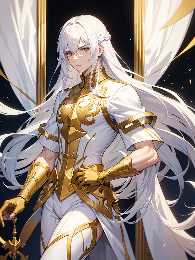 Man with long white hair, twenty years old, muscled body, white costume with gold details, gold eyes