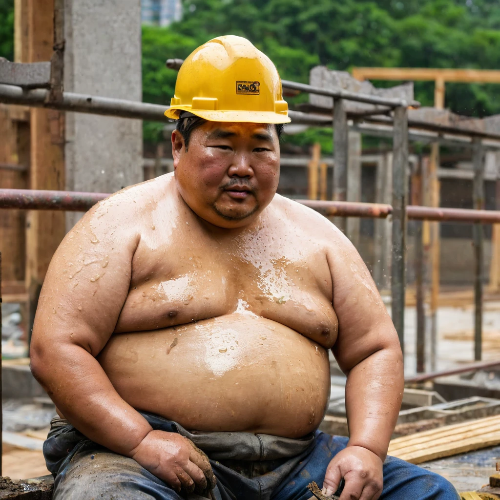Male, Fat, Chubby, Asian, 50 years old, working in construction, Sitting, Working, Stained, Dirty, Wet, not wearing a shirt, Shirtless, wearing a safety hat.