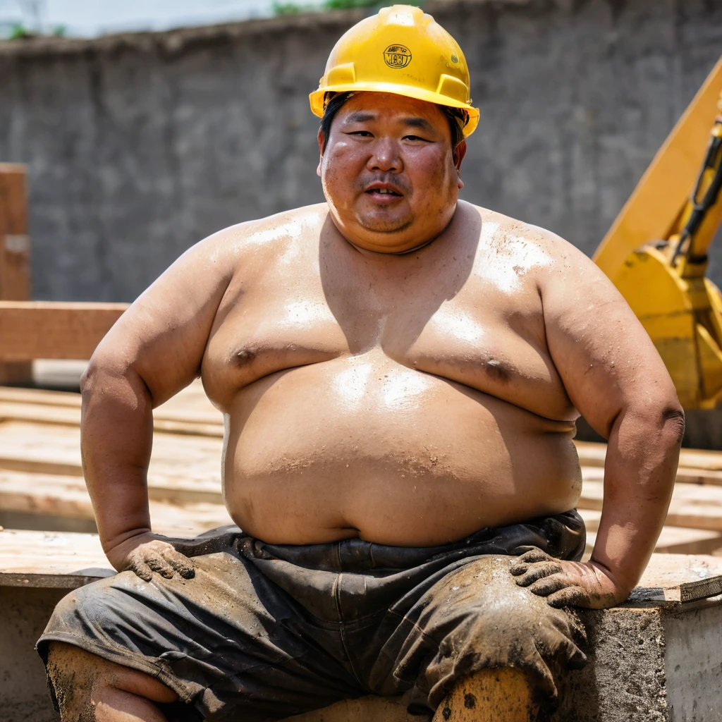 Male, Fat, Chubby, Asian, 50 years old, working in construction, Sitting, Working, Stained, Dirty, Wet, not wearing a shirt, Shirtless, wearing a safety hat.