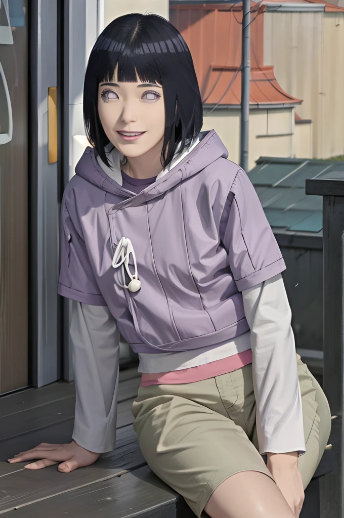 masterpiece, absurdres,hinata\(boruto\), 1girl,mature female, solo, purple hoodie,layered sleeves, brown pants, outdoors, smile, looking at viewer, cowboy shot,sitting,