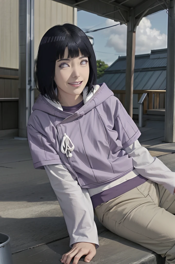 masterpiece, absurdres,hinata\(boruto\), 1girl,mature female,  solo,  purple hoodie,layered sleeves,  brown pants, outdoors, smile, looking at viewer,  cowboy shot,sitting, 