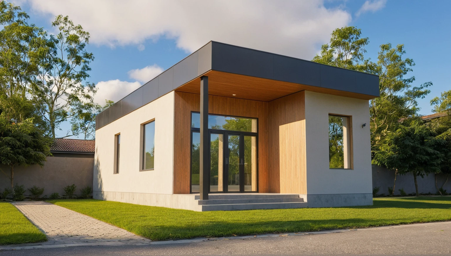 Raw photo,Masterpiece, high quality, best quality, authentic, super detail,
exterior, outdoors, house style modern on the street, glass windows, gate, wooden ceiling,
road,pavement, trees, sky, cloud, (daylight:1.1)