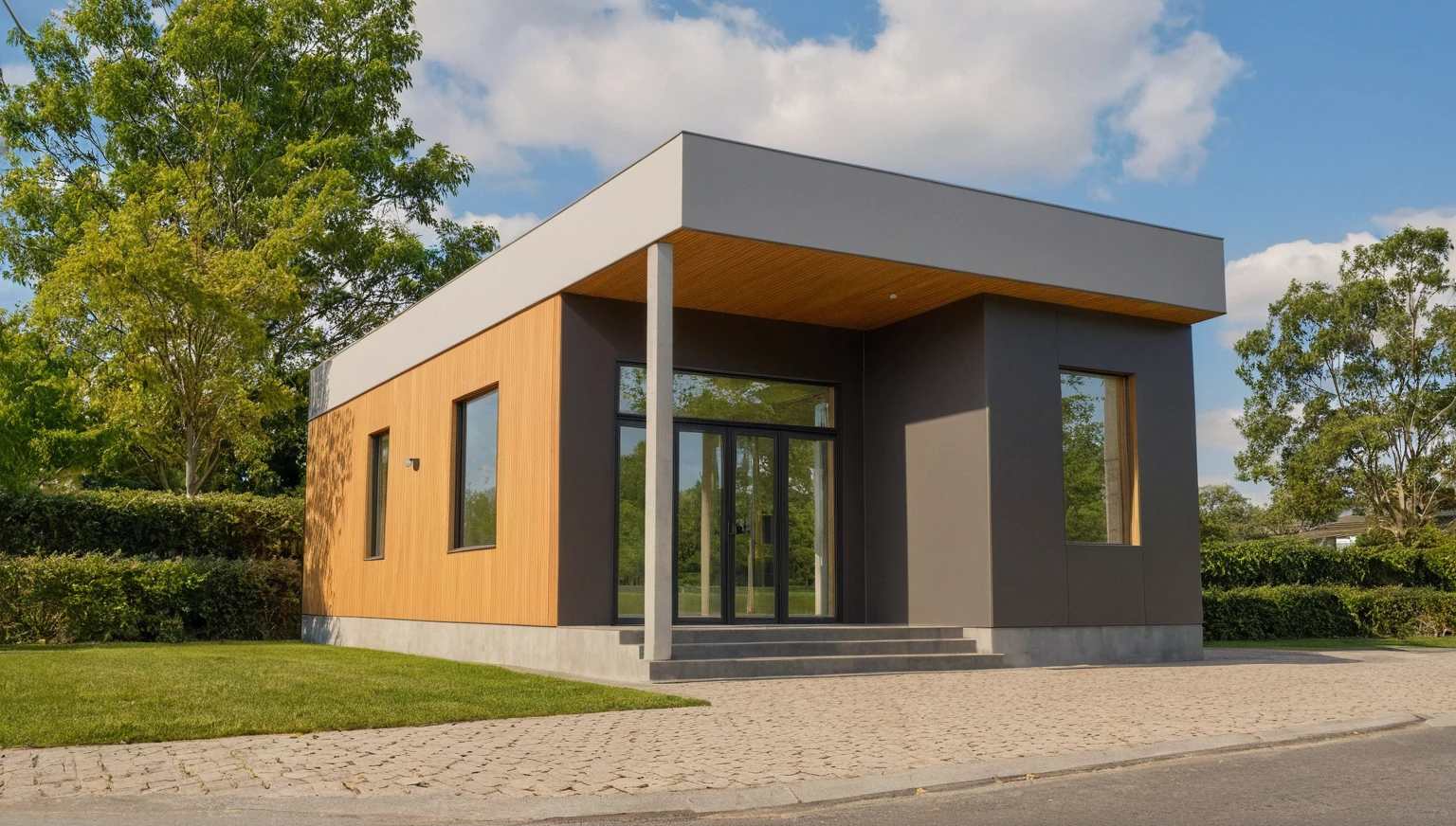 Raw photo,Masterpiece, high quality, best quality, authentic, super detail,
exterior, outdoors, house style modern on the street, glass windows, gate, wooden ceiling,
road,pavement, trees, sky, cloud, (daylight:1.1)