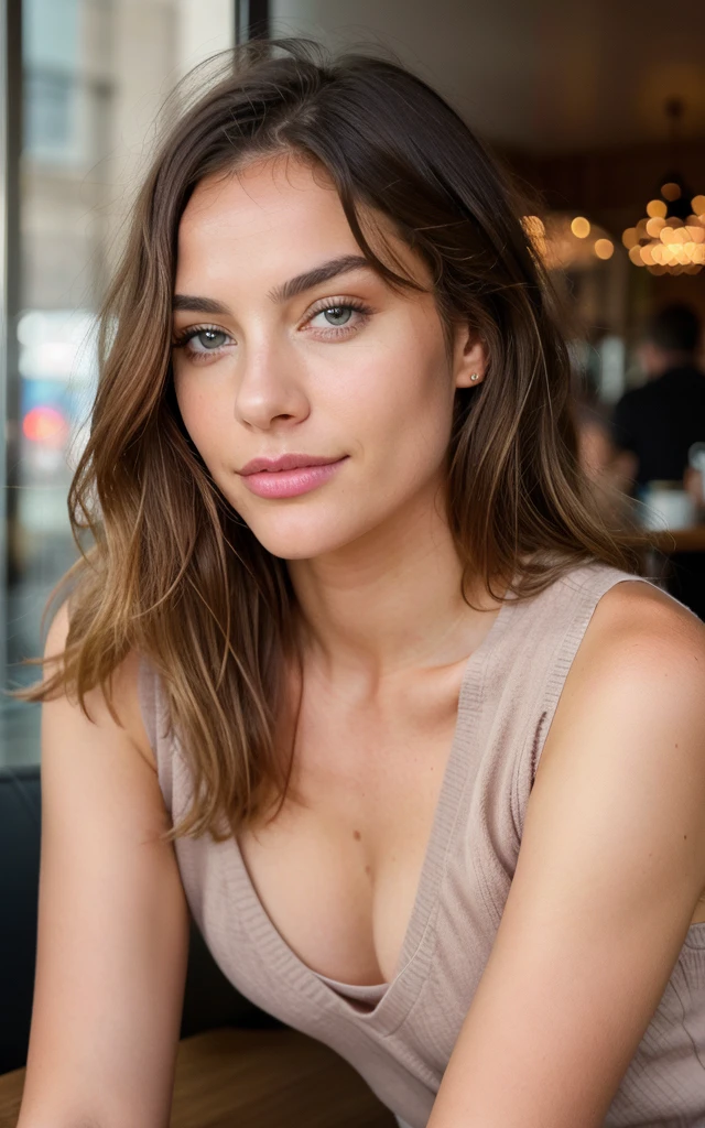Drink pink in hand, Belle brune aux reflets blonds portant un pull beige (in a café drinking soda), Very detailed, 22 ans, visage innocent, natural wavy hair, yeux bleus, High resolution, masterpiece, Best quality, intricate high detail, highly detailed, mise au point nette, detailed skin, realistic skin texture, texture, detailled eyes, professionnel, 4K, sourire charmant, filmed on Canon, 85 mm, faible profondeur de champ, Couleur Kodak Vision, perfect fit body, Extremely detailed, photographier_\(ultra\), photoreallistic, Realstic, Post-traitement, Maximum details, roughness, real life, ultra realist, photorealism, photographie, 8K UHD, photographie, drink perolado rosa im hand