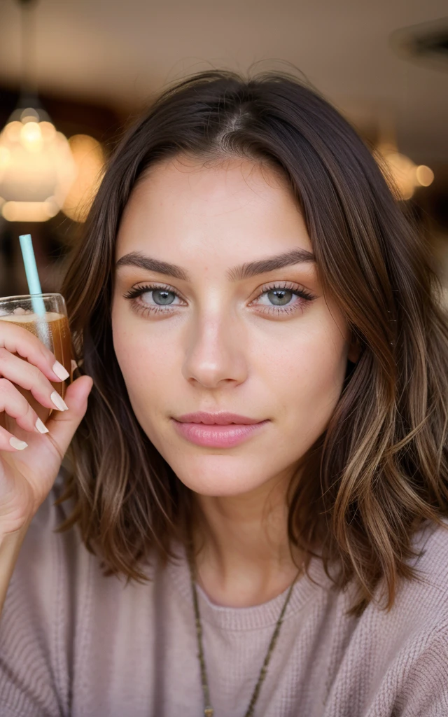 Drink pink in hand, Belle brune aux reflets blonds portant un pull beige (in a café drinking soda), Very detailed, 22 ans, visage innocent, natural wavy hair, yeux bleus, High resolution, masterpiece, Best quality, intricate high detail, highly detailed, mise au point nette, detailed skin, realistic skin texture, texture, detailled eyes, professionnel, 4K, sourire charmant, filmed on Canon, 85 mm, faible profondeur de champ, Couleur Kodak Vision, perfect fit body, Extremely detailed, photographier_\(ultra\), photoreallistic, Realstic, Post-traitement, Maximum details, roughness, real life, ultra realist, photorealism, photographie, 8K UHD, photographie, drink perolado rosa im hand