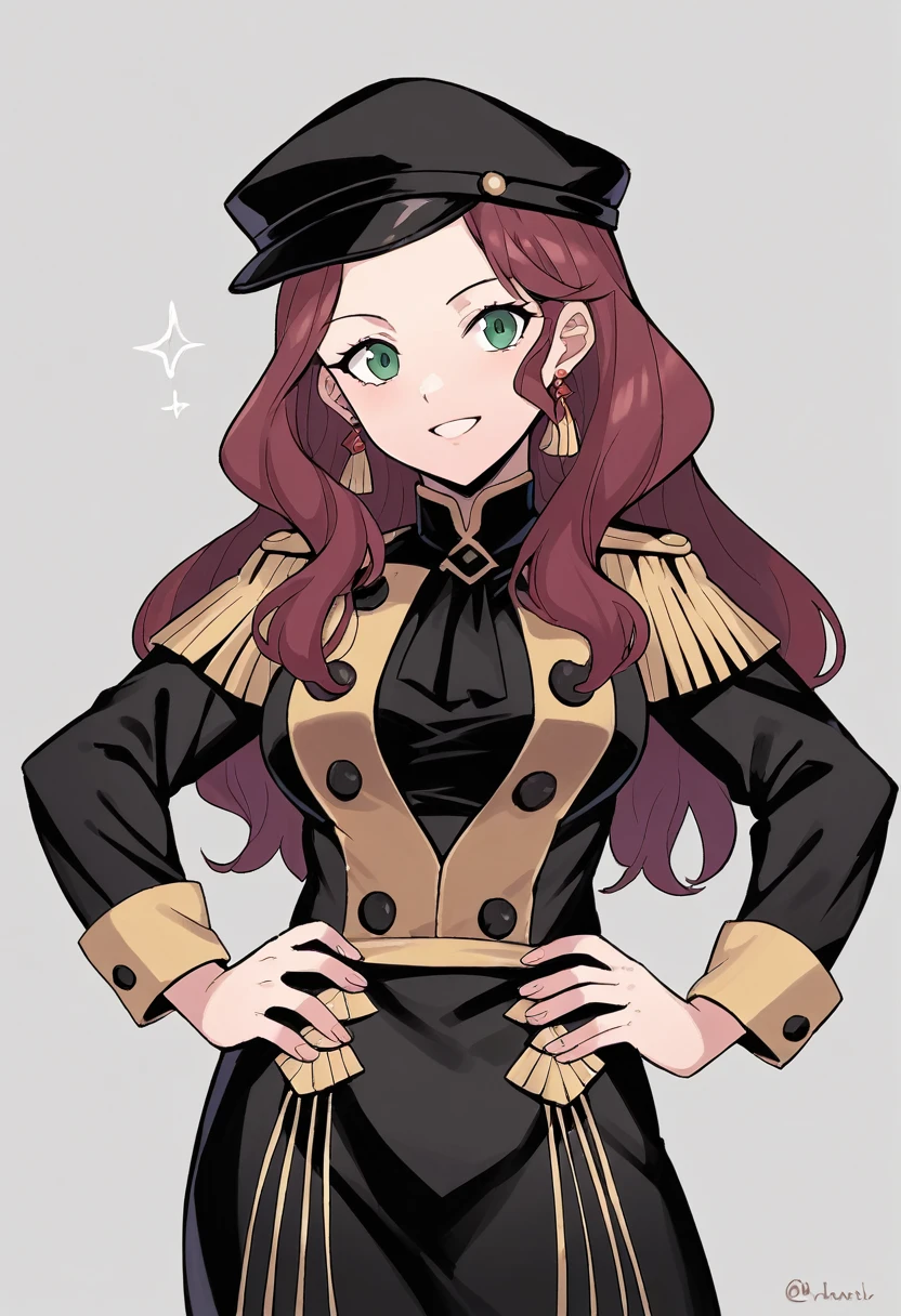 score_9, score_8_up, score_7_up, source_anime, Dorothea (Fire Emblem), black headwear, black skirt, (black long-sleeve uniform), brown hair, dangle earrings, gold trim, green eyes, jewelry, large breasts, long hair, black peaked cap, black hat, looking at the viewer, smile, closed mouth, hands on hips