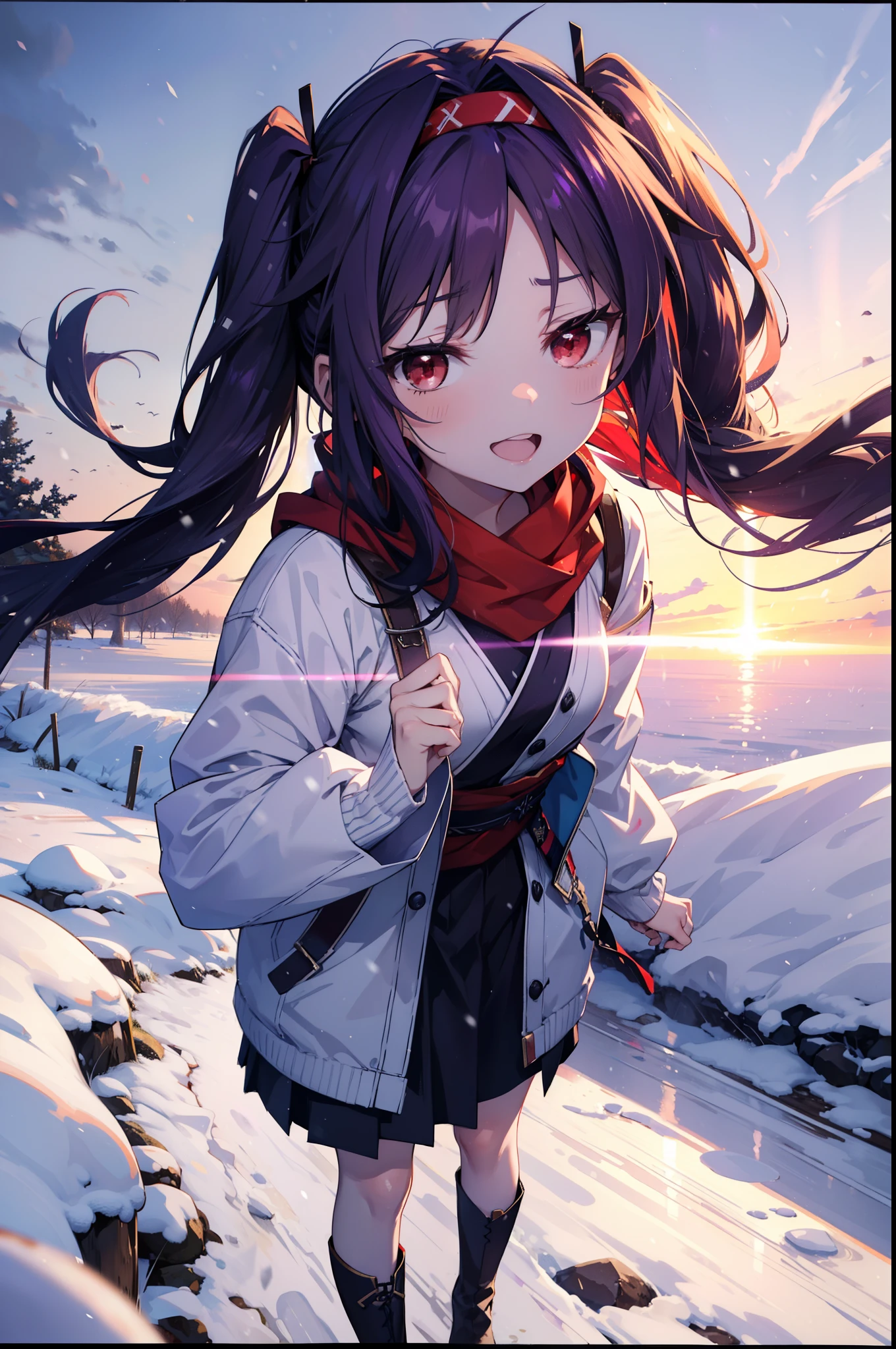 yuukikonno, Konno Yuuki, Long Hair, Pointed Ears, Purple Hair, (Red eyes:1.5), (Small breasts:1.2), Open your mouth,happy smile, smile, Open your mouth,hair band,low Twin tails red scarf,Purple long coat,V-neck sweater,Long skirt,short boots,snowが降っている,snowが降り積もっている,snow,snow,snow,snow,winter,Cold night,Walking,whole bodyがイラストに入るように,Looking down from above,
break looking at viewer, whole body,
break outdoors, In town,
break (masterpiece:1.2), Highest quality, High resolution, unity 8k wallpaper, (figure:0.8), (Beautiful attention to detail:1.6), Highly detailed face, Perfect lighting, Highly detailed CG, (Perfect hands, Perfect Anatomy),