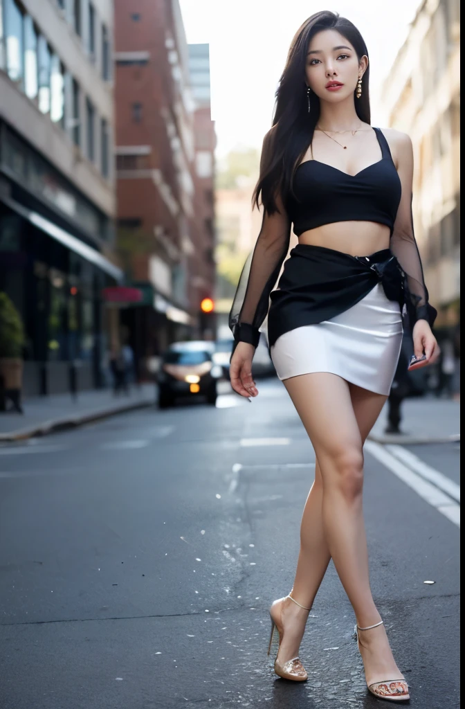 (masterpiece:1.3), (8 thousand, realistic, RAW photos, best quality: 1.4), (1 woman),(sheer silk blouse), (short skirt), (양쪽 다리와 양발에 짙은색 realistic 팬티 스타킹), (Stockings on both legs), (Wearing high heels on both feet with stockings), (full body shot), (outdoors in sunny weather), (walking like a model), (Beautiful makeover), (very beautiful body) , (Realistic and very beautiful face), (long eyelashes), (double eyelid), (Very beautiful eyes, realistic and delicate), (big bust) , (Strong body through exercise), (beautiful abs), (Beautiful heaps), (tall), (realistic face), (black hair. parted, long hair:1.3), (아름다운 parted스타일), (realistic and beautiful skin), (absurd), (attractive), (ultra high resolution), (extremely realistic), (very detailed), (golden ratio), (Two long, realistic and beautiful legs), (realistic 팔), (necklace), (earring),(beautiful nails manicure), (So beautiful and sexy), (perfect secretary look)