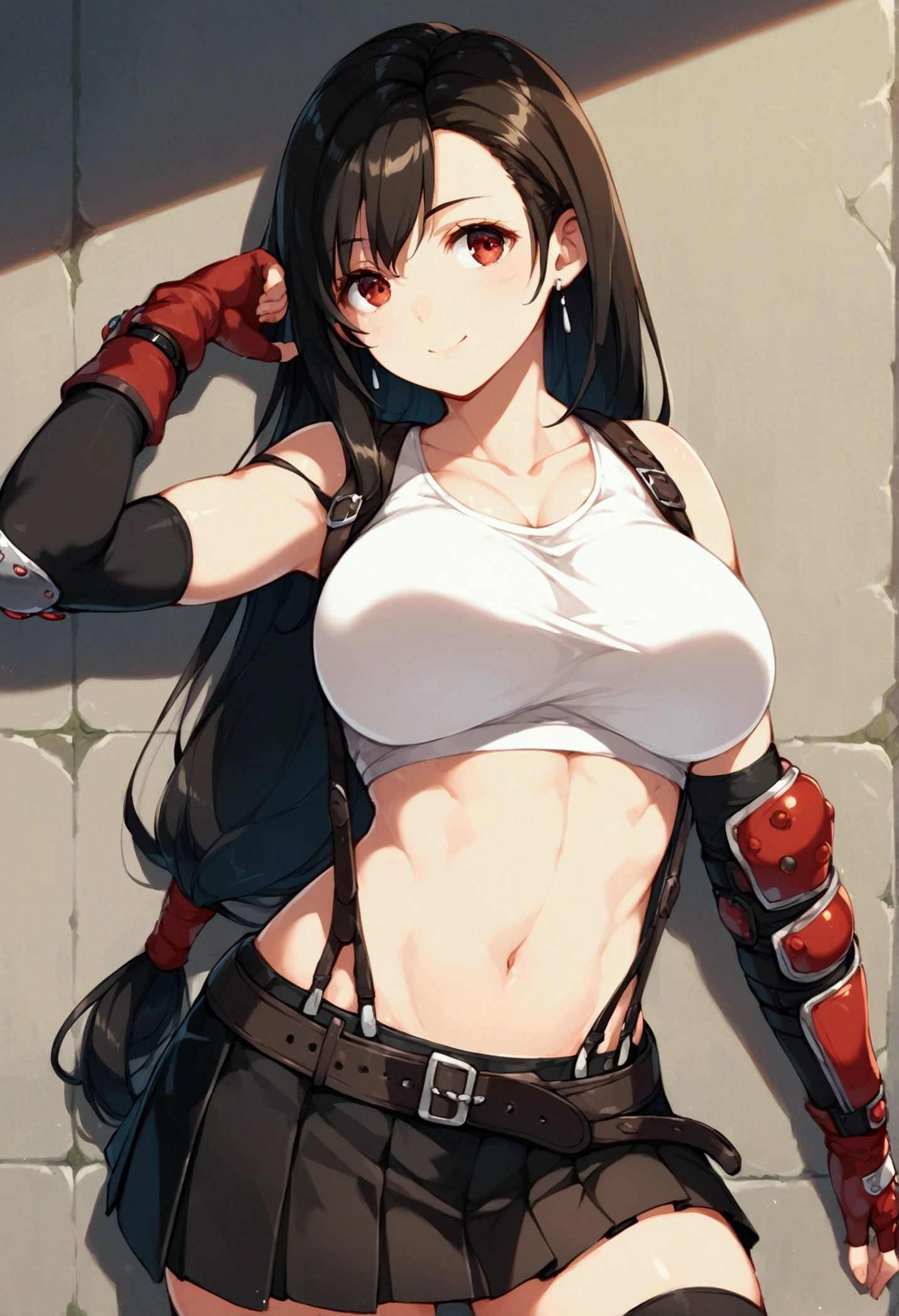 (score_9, score_8_up, score_7_up),,BREAK , ,dynamicangle,,breast focus,,standing,leaning on wall. upperbody,,Solo ,1girl, tifa lockhart, final fantasy, tareme,black hair, low-tied long hair, red eyes, bangs, (white tank top, belt, pleated skirt, thighhighs, elbow fingerless gloves, elbow pads, midriff, navel,suspender skirt) ,(large_breast),(light smile),daytime,outdoor,(ultra detailed),(best quality),(aesthetic,very aesthetic),UHD,extremely detailed CG unity 8k wallpaper,depth of field,,　　