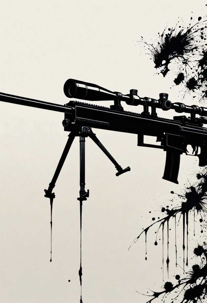 Grim Sniper,Holding a huge sniper rifle,Gothic,Minimalism,Linear Theory,Lots of white space,Ink Painting,Abstract,
