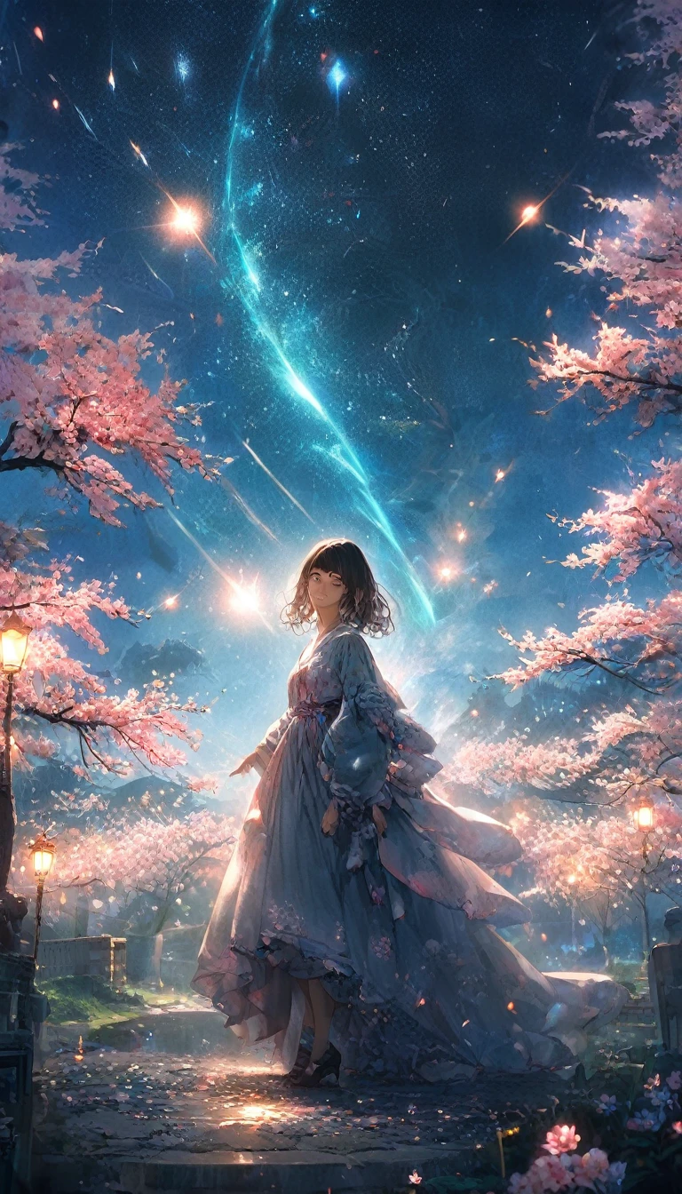 masterpiece, Concept Art, Panorama, in the center, shape, Wide Shot, garden, night, (meteor), Space galaxy background, (Great composition, Epic scale), Dynamic Lighting, Bright colors, cherry blossoms,1 Girl,