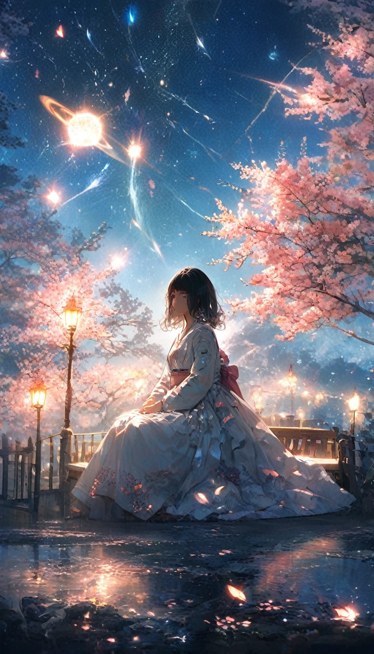 masterpiece, Concept Art, Panorama, in the center, shape, Wide Shot, garden, night, (meteor), Space galaxy background, (Great composition, Epic scale), Dynamic Lighting, Bright colors, cherry blossoms,1 Girl,