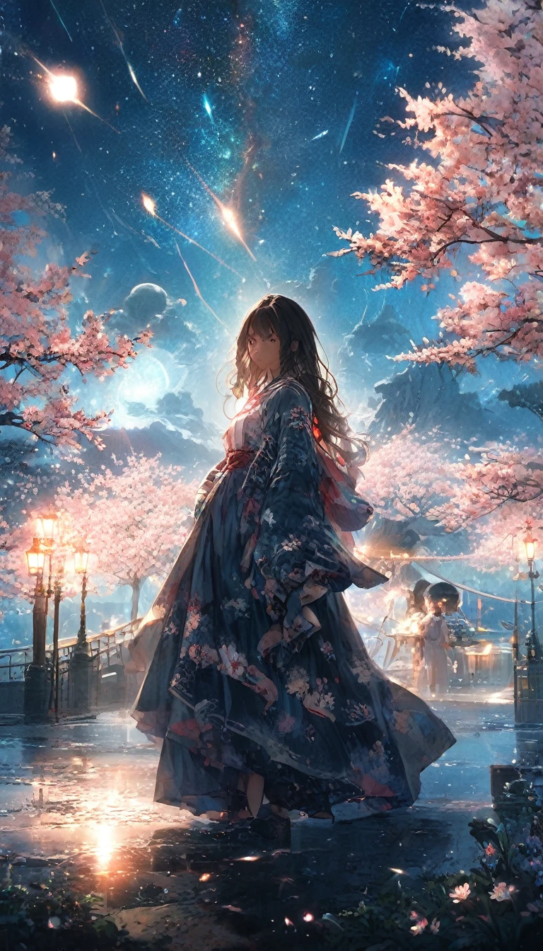 masterpiece, Concept Art, Panorama, in the center, shape, Wide Shot, garden, night, (meteor), Space galaxy background, (Great composition, Epic scale), Dynamic Lighting, Bright colors, cherry blossoms,1 Girl,