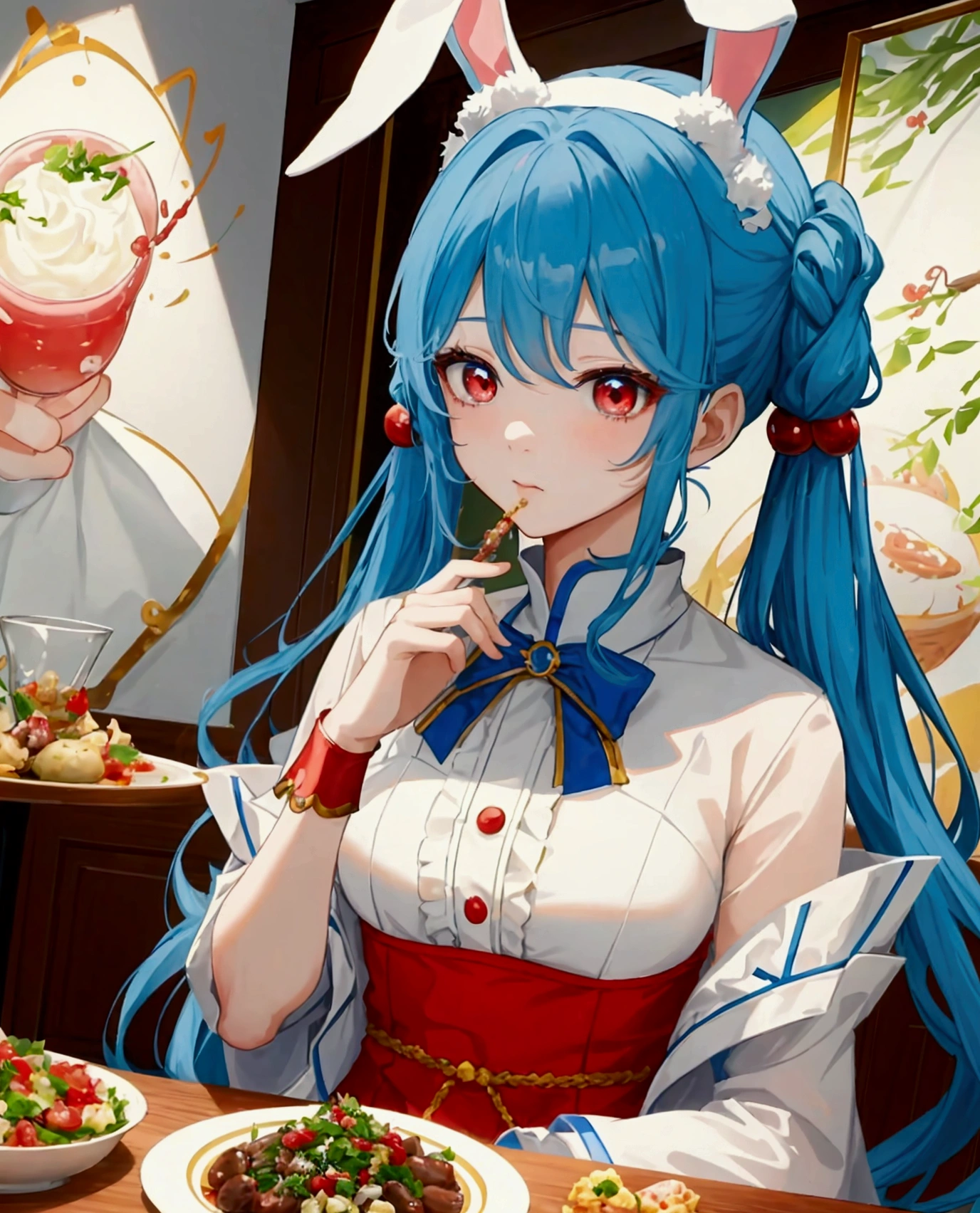 ((최고의 품질)), ((걸작)), (상세한), 여자 1명,Create an anime-style digital artwork of a character with long, blue hair tied into twin tails with bangs, and bright red eyes. The character has rabbit white ears and is wearing a stylish party dress. The setting is a grand feast, with the character sitting in front of a table full of delicious food. The scene should convey a festive and luxurious atmosphere.