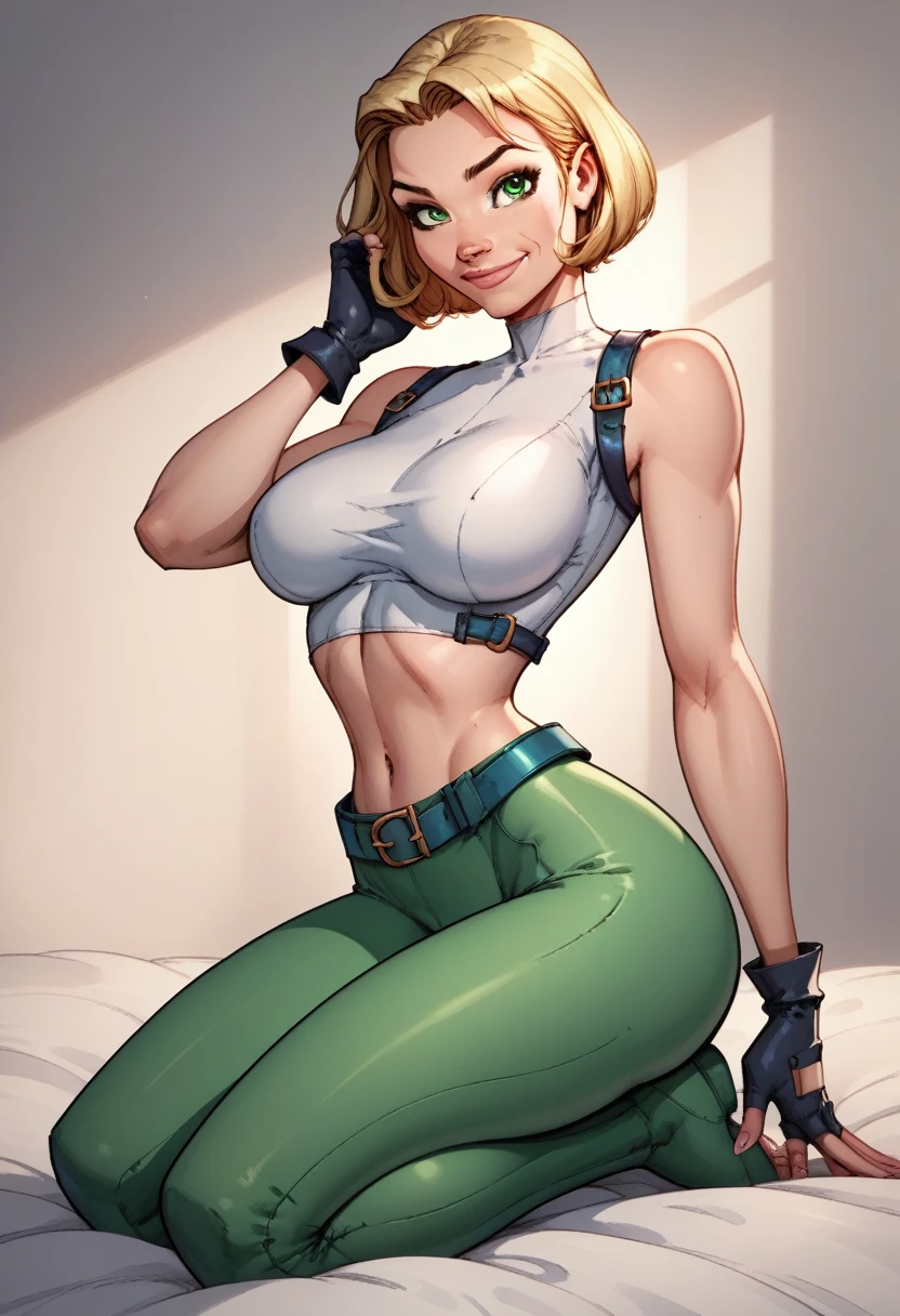 score_9, score_8_up, score_7_up,score_6_up, score_5_up, score_4_up, detailed soft lighting, 1girl, solo, large breasts, AchaseDG, hort hair, blonde hair, green eyes, plain white shirt, black gloves, crop top, green and black pants, belt, fingerless gloves, (tight clothes:1.3), in her bedroom, kneeling, sexy poses, looking at viewer, smile, closed mouth, (masterpiece, best quality, highly detailed, beautiful).