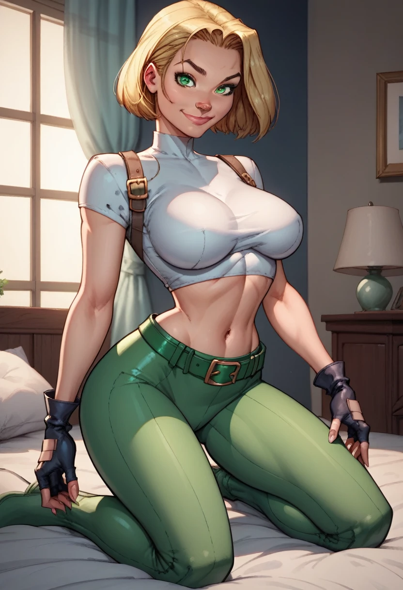 score_9, score_8_up, score_7_up,score_6_up, score_5_up, score_4_up, detailed soft lighting, 1girl, solo, large breasts, AchaseDG, hort hair, blonde hair, green eyes, plain white shirt, black gloves, crop top, green and black pants, belt, fingerless gloves, (tight clothes:1.3), in her bedroom, kneeling, sexy poses, looking at viewer, smile, closed mouth, (masterpiece, best quality, highly detailed, beautiful).