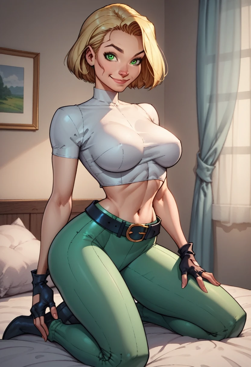 score_9, score_8_up, score_7_up,score_6_up, score_5_up, score_4_up, detailed soft lighting, 1girl, solo, large breasts, AchaseDG, hort hair, blonde hair, green eyes, plain white shirt, black gloves, crop top, green and black pants, belt, fingerless gloves, (tight clothes:1.3), in her bedroom, kneeling, sexy poses, looking at viewer, smile, closed mouth, (masterpiece, best quality, highly detailed, beautiful).