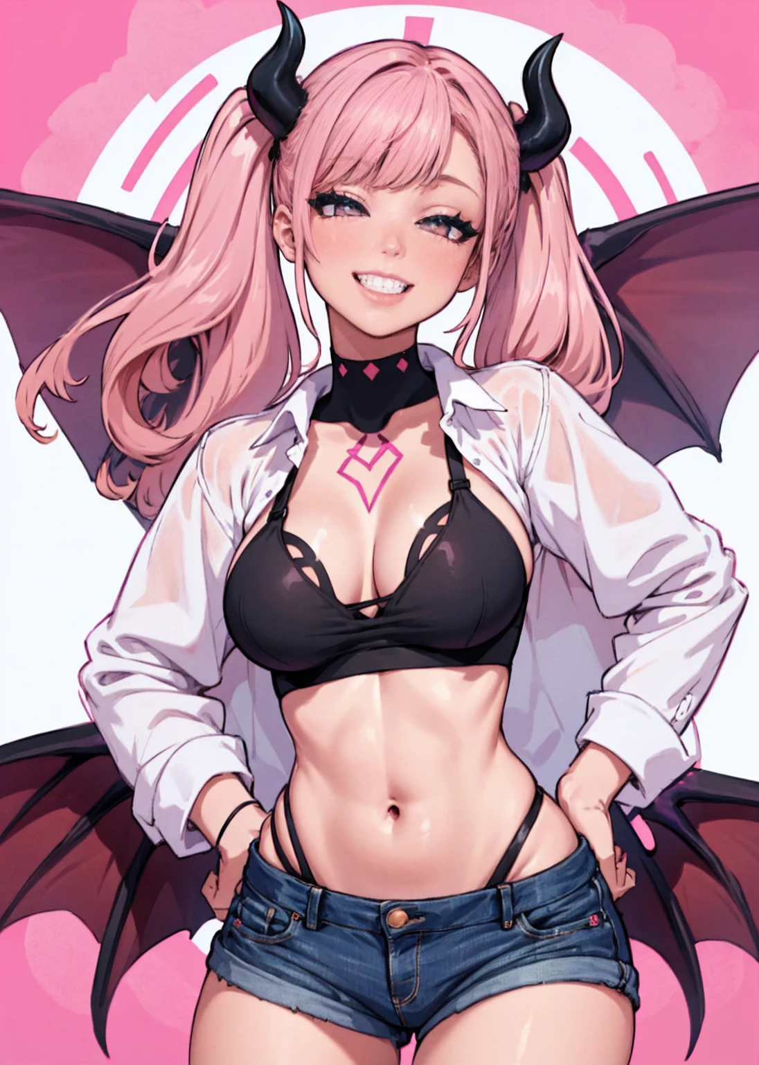 big lips, pink hair, pink eyes, japanese face, gyaru, huge breasts, wide hips, sexy, pink theme, kawaii, detailed, decora, bangs, grin, gyaru outfit, kawaii, pink and black outfit,, horns, cute succubus, small succubus wings, winking, eye wink, , twin tails, winky face,perfect angle, HD quality, 8k, pink eyes, loser hand sign, loser, L, twin tails, mini shorts, colorful, evil