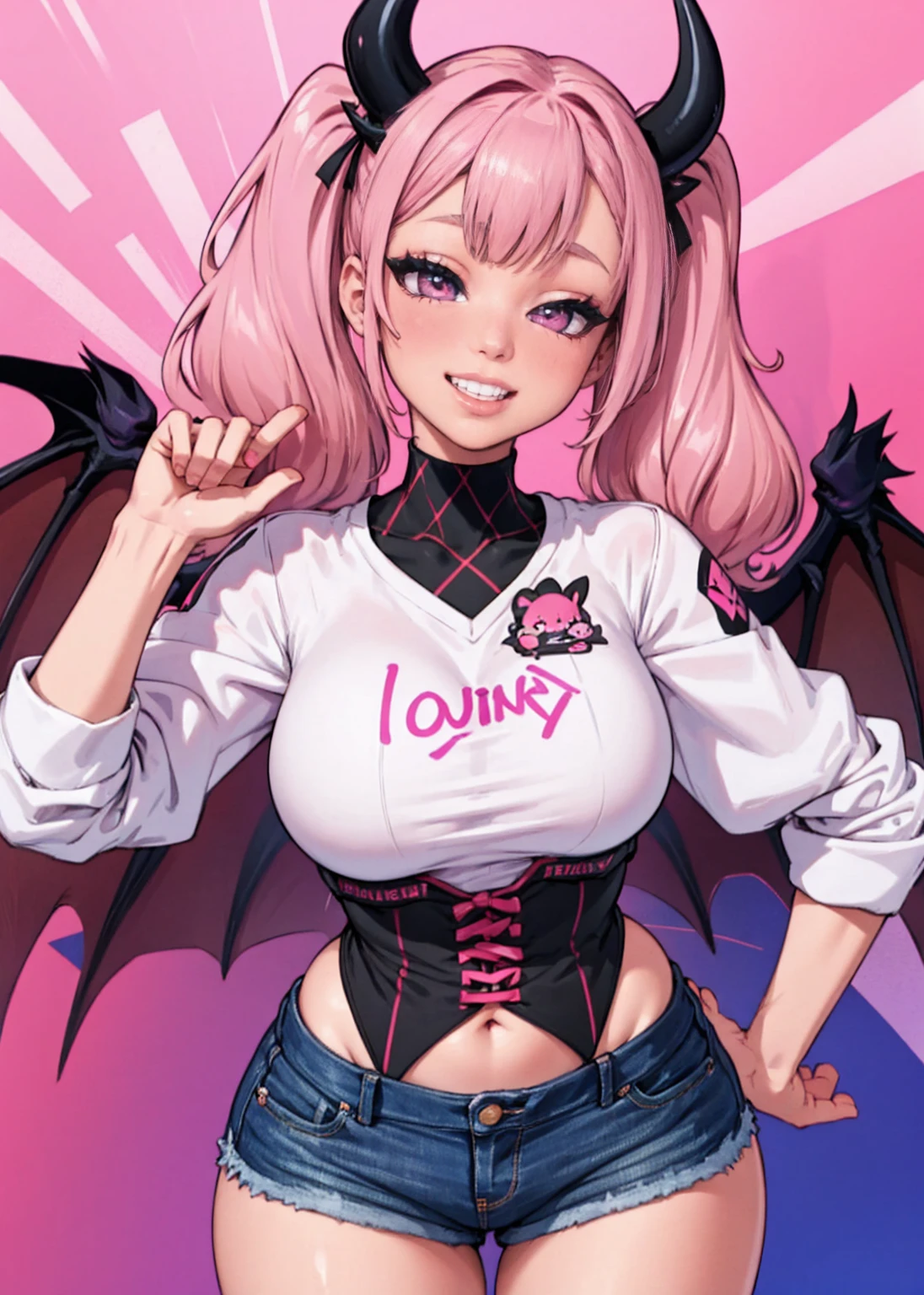 big lips, pink hair, pink eyes, japanese face, gyaru, huge breasts, wide hips, sexy, pink theme, kawaii, detailed, decora, bangs, grin, gyaru outfit, kawaii, pink and black outfit,, horns, cute succubus, small succubus wings, winking, eye wink, , twin tails, winky face,perfect angle, HD quality, 8k, pink eyes, loser hand sign, loser, L, twin tails, mini shorts, colorful, evil