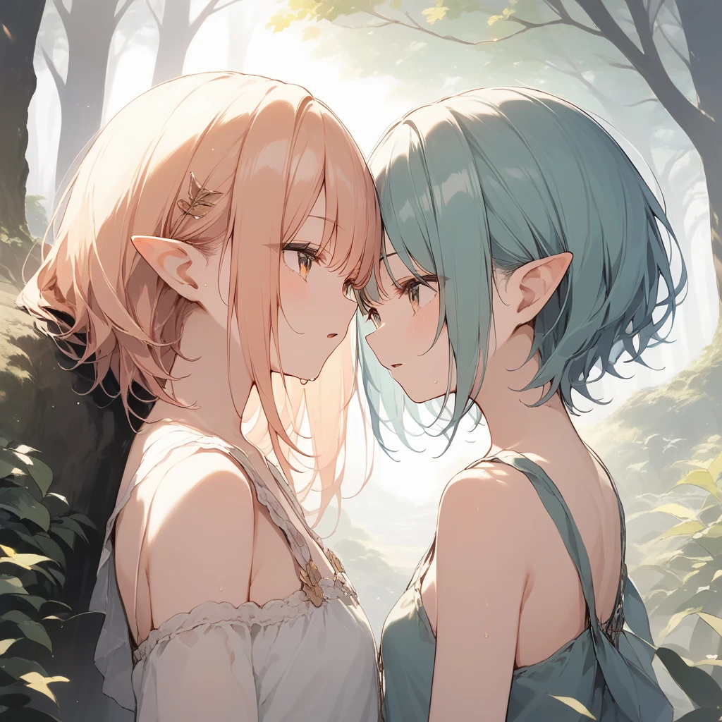 score_9, score_8_up, score_7_up, source_anime, best quality, masterpiece, official art, absurdres, highres, ultra-detailed,waifu2x,Collection: Slice of Life,break,1girl, elf, short hair, slender, androgynous,expressionless, small breasts, beautiful detailed eyes, green shorts, sweat, open mouth, sleepily, outdoors, forest, spring,break,(clear line illustration:1.2), super detailed skin,very high resolution, very aesthetic, Best sexual lighting powered by famous artist, 8k,cute picture,beauty illustration,photoshop_(medium),,(Detailed Lighting),best anime 8k konachan wallpaper, pixiv contest winner,