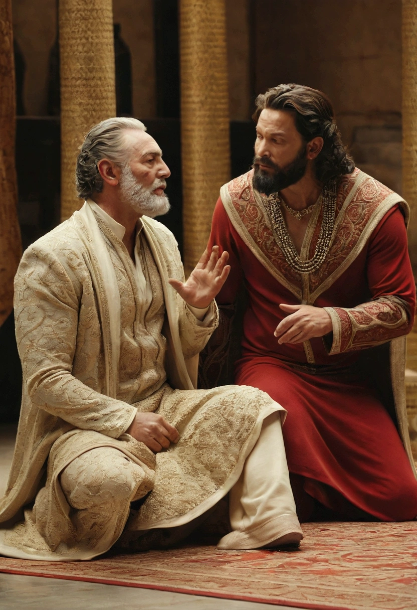 Create an illustration that represents the parable of the Rich Man and Lazarus. The scene must be divided into two distinct parts.
On the left side, show the rich dressed in luxurious clothes of vibrant colors, sitting at a table full of delicious food, in an opulent and decorated environment. Your expression should be one of satisfaction and indifference.
In the right side, represent Lazarus, a poor and sick man, dressed in tattered, fragile-looking clothes, lying on the floor near the rich man's table. He must have an expression of suffering and despair. Dogs lick their wounds, symbolizing their misery and abandonment.
No fundo, draw a clear separation between the two scenes, like a line or a change in color palette, to emphasize the contrast between wealth and poverty.
Add a Subtle Detail, like a heavenly light in the background of Lazarus's side, hinting at your future reward in heaven