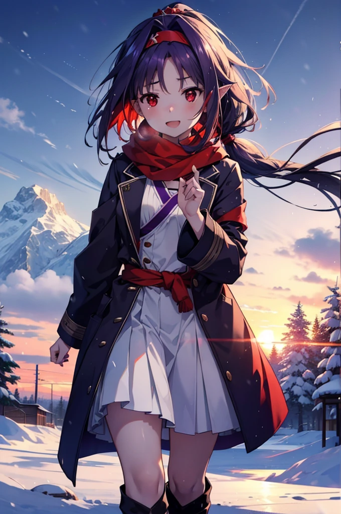 yuukikonno, Konno Yuuki, Long Hair, Pointed Ears, Purple Hair, (Red eyes:1.5), (Small breasts:1.2), Open your mouth,happy smile, smile, Open your mouth,hair band,low ponytail,Red Scarf,Purple long coat,V-neck sweater,Long skirt,short boots,snowが降っている,snowが降り積もっている,snow,snow,snow,snow,winter,Cold night,Walking,whole bodyがイラストに入るように,Looking down from above,
break looking at viewer, whole body,
break outdoors, In town,
break (masterpiece:1.2), Highest quality, High resolution, unity 8k wallpaper, (figure:0.8), (Beautiful attention to detail:1.6), Highly detailed face, Perfect lighting, Highly detailed CG, (Perfect hands, Perfect Anatomy),