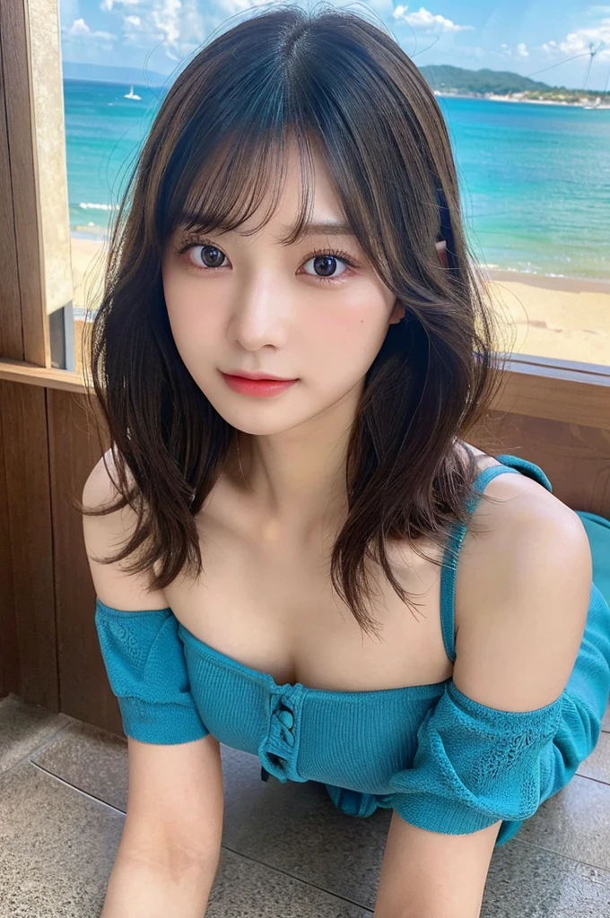 (8K壁紙),(8K),(Highest quality)、(Ultra-high resolution)、(RAW Photos、Cinema Lighting、high resolution、masterpiece),Professional photos,(Realistic, Photorealism),(high resolutionCG統合8K壁紙, Physically Based Rendering),Photorealistic,Beautiful perfectly detailed face,Beautiful perfectly detailed eyes,Beautiful perfectly detailed nose,Beautiful perfectly detailed mouth,Beautifully and perfectly detailed hand,Perfectly detailed fingertips,Beautiful detailed feet,Japanese , 18 year old Japanese girl, Beautiful detailed hairstyle,Cute Japanese Idols,Perfect Face,Super detailed face,Attention to detail,double eyelid,Slim figure,looking at the camera, (Realistic, Photorealism), (Highest quality), (Best Shadow),No makeup,Large Breasts,Emphasize the chest,Beautiful clavicle,Sexy pose,Beautifully detailed butt,Perfect Style,Ocean,Swimwear,(slouch,On all fours),High angle shot,(The viewer can see your butt),