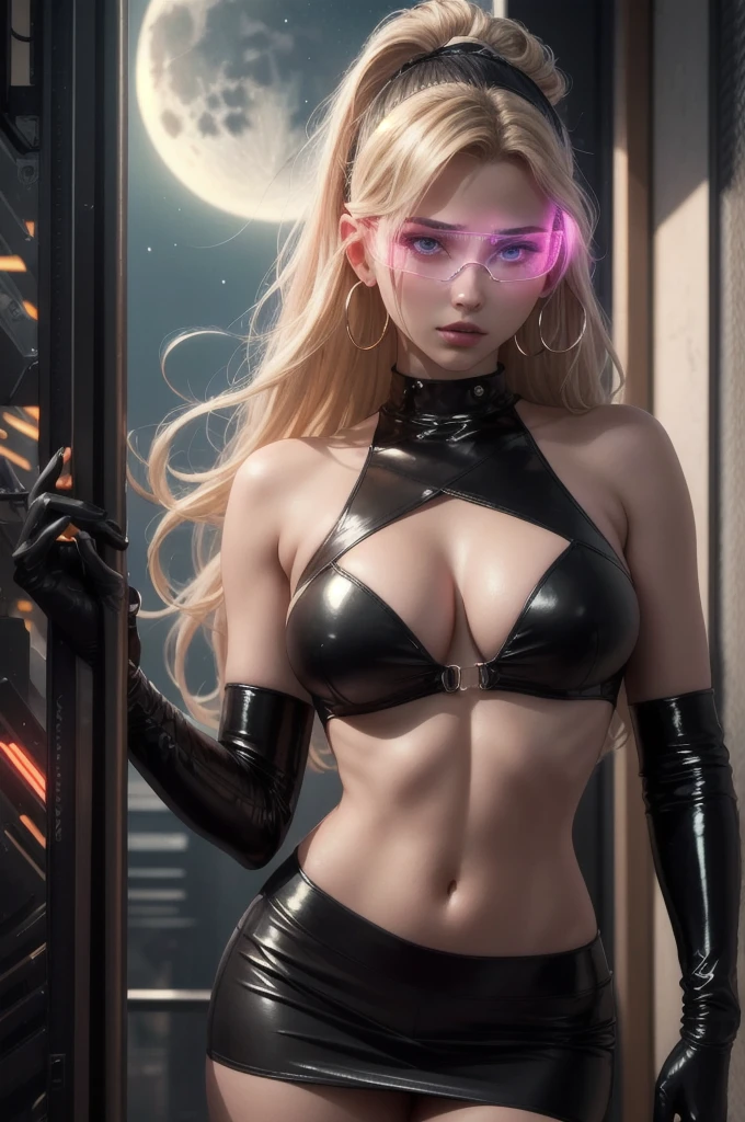 ((masterpiece:1.2,top quality)),woman,4K,futuristic led glasses,cyberpunk glasses,Sexy blond teenage, latex pink top and skirt, huge lips, aphrodite? Electro grece, smal round breasts, hoop earrings, dark blond straight hair, hair band, poland, supermodel body, sexy figure, moon, elegant gloves, heat, warm lights, ultrarealistic photo, 